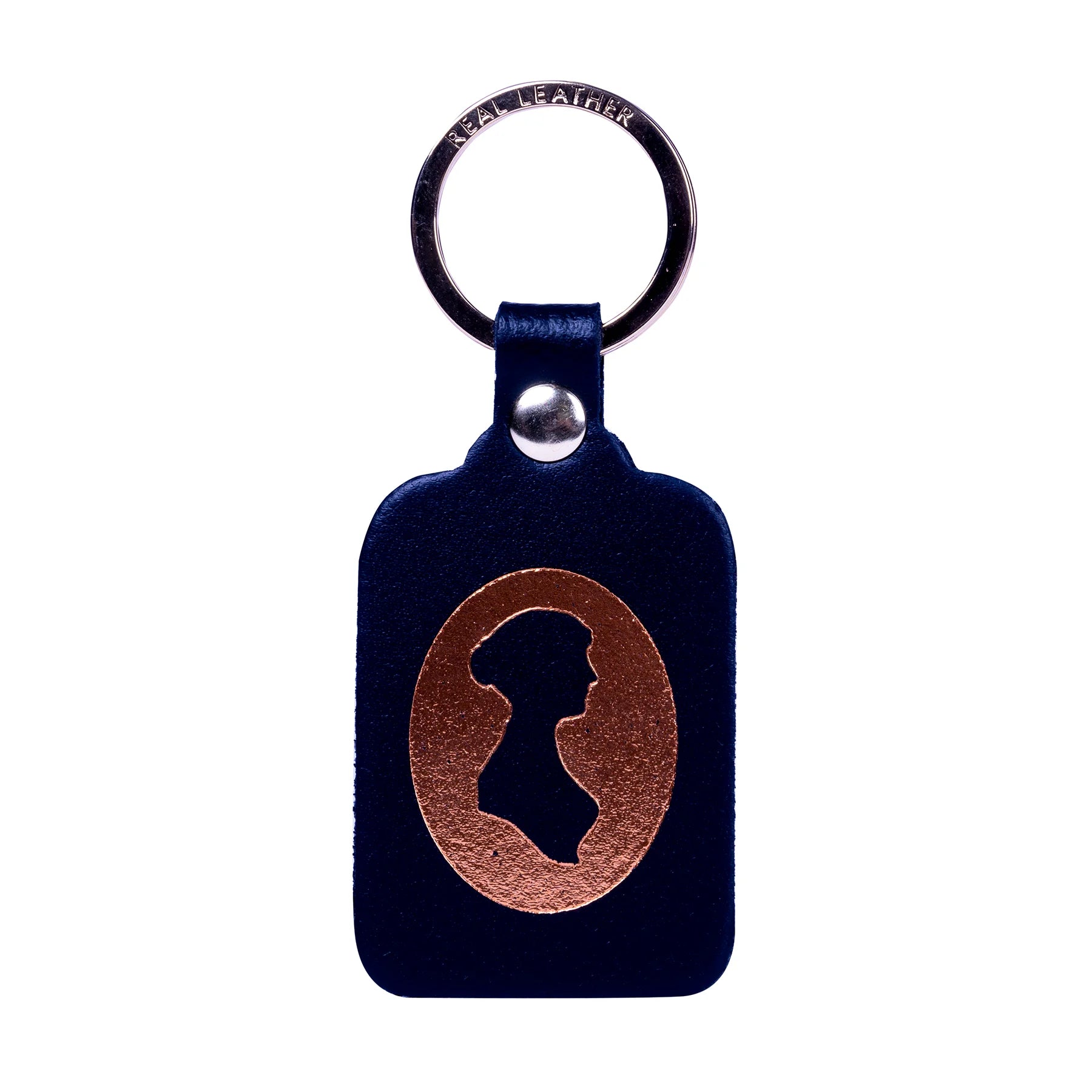 A Black Leather Keyring with Gold embossed silhouette of Jane Austen