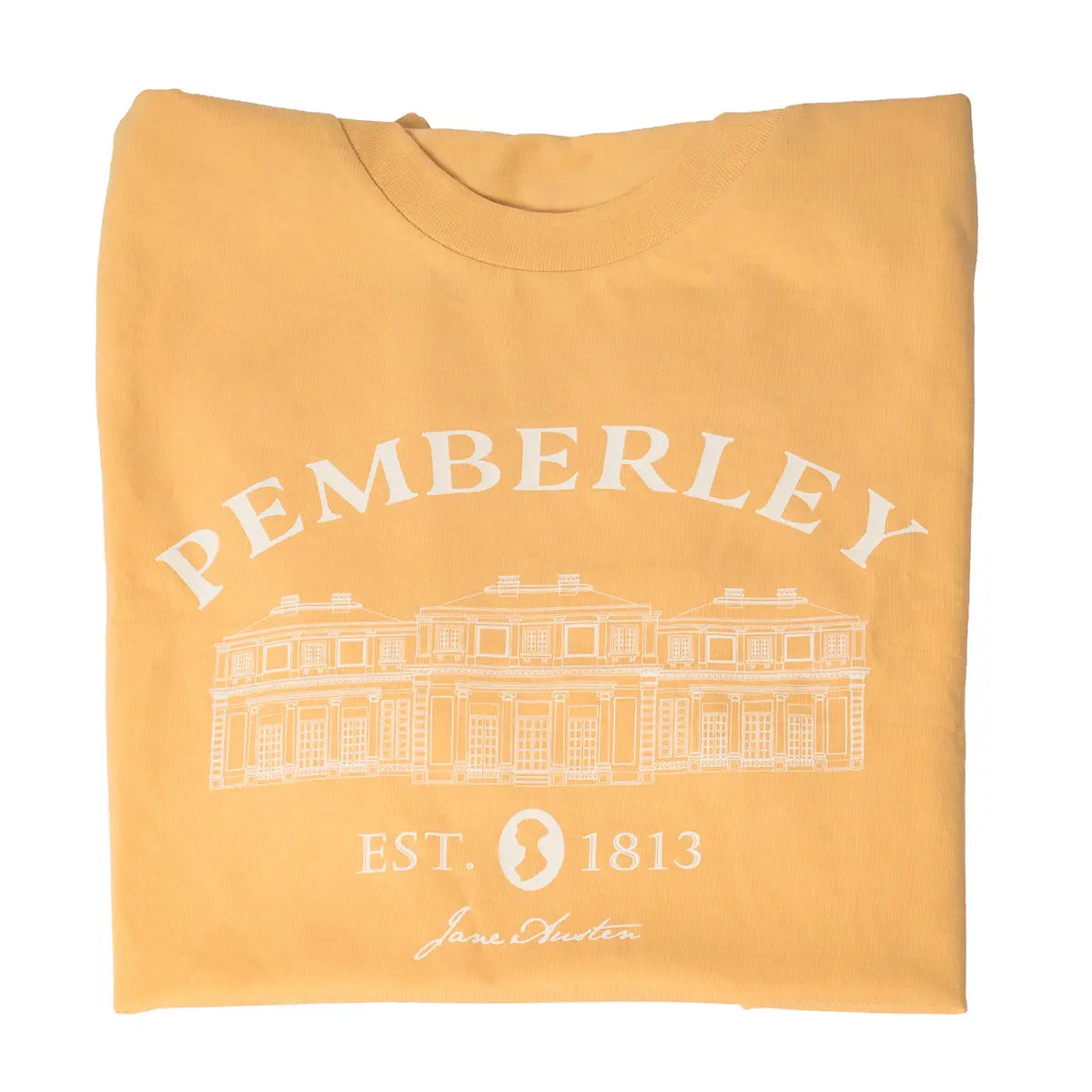 a yellow pemberley t shirt against a white background