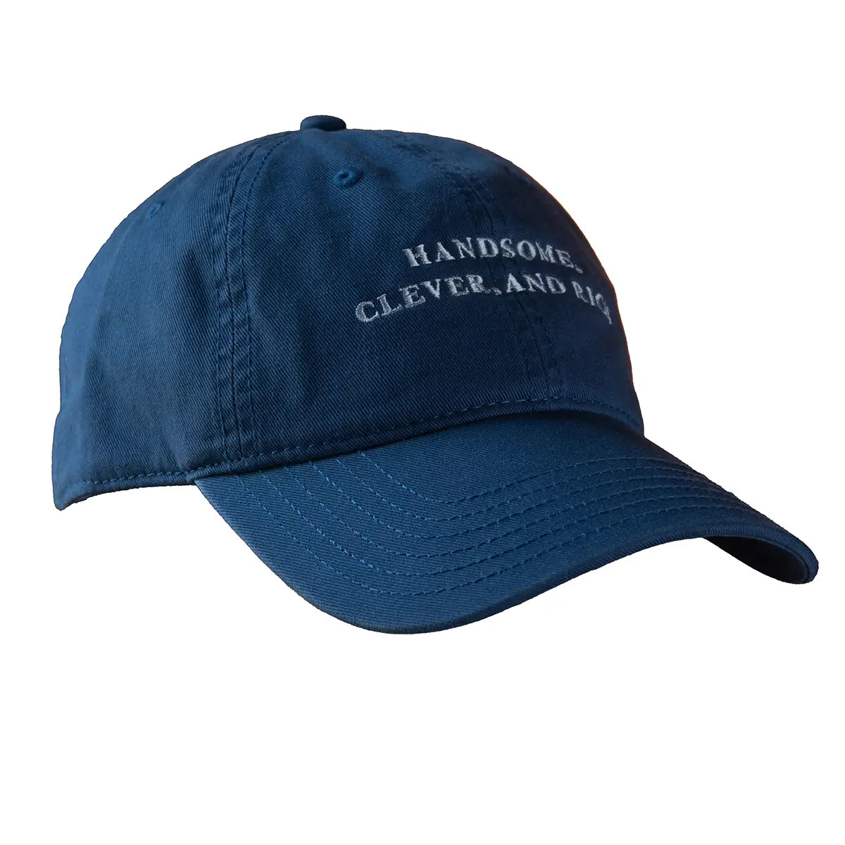 Angled shot of blue baseball cap on white background