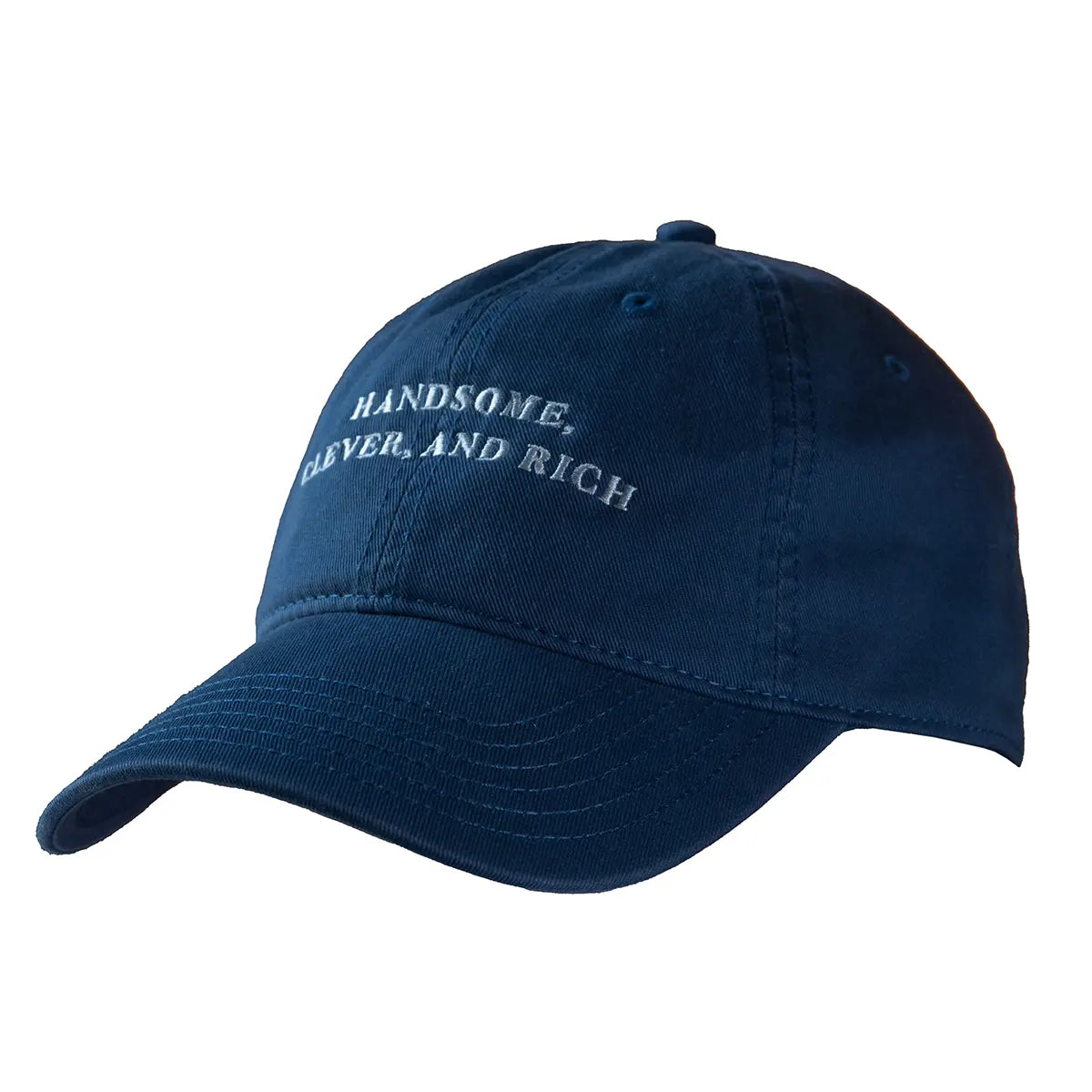 Angled shot of Jane Austen themed blue cap embroidered with 'Handsome, Clever, and Rich'