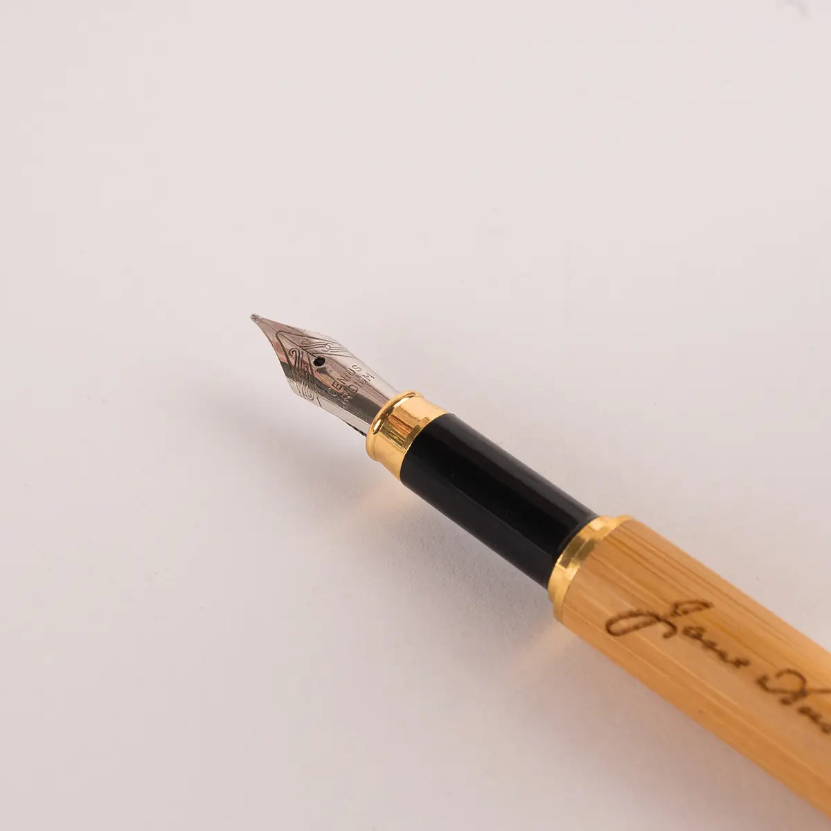 Jane Austen themed wooden fountain tip pen, close up of metal nib