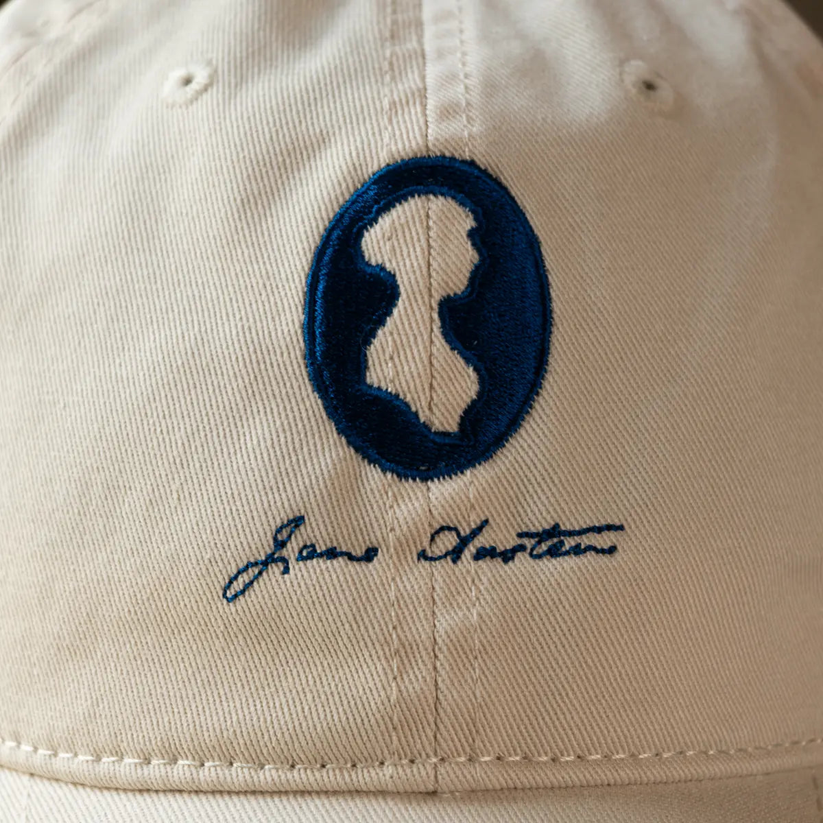 close up of embroidered detail on Jane Austen Silhouette Cap
