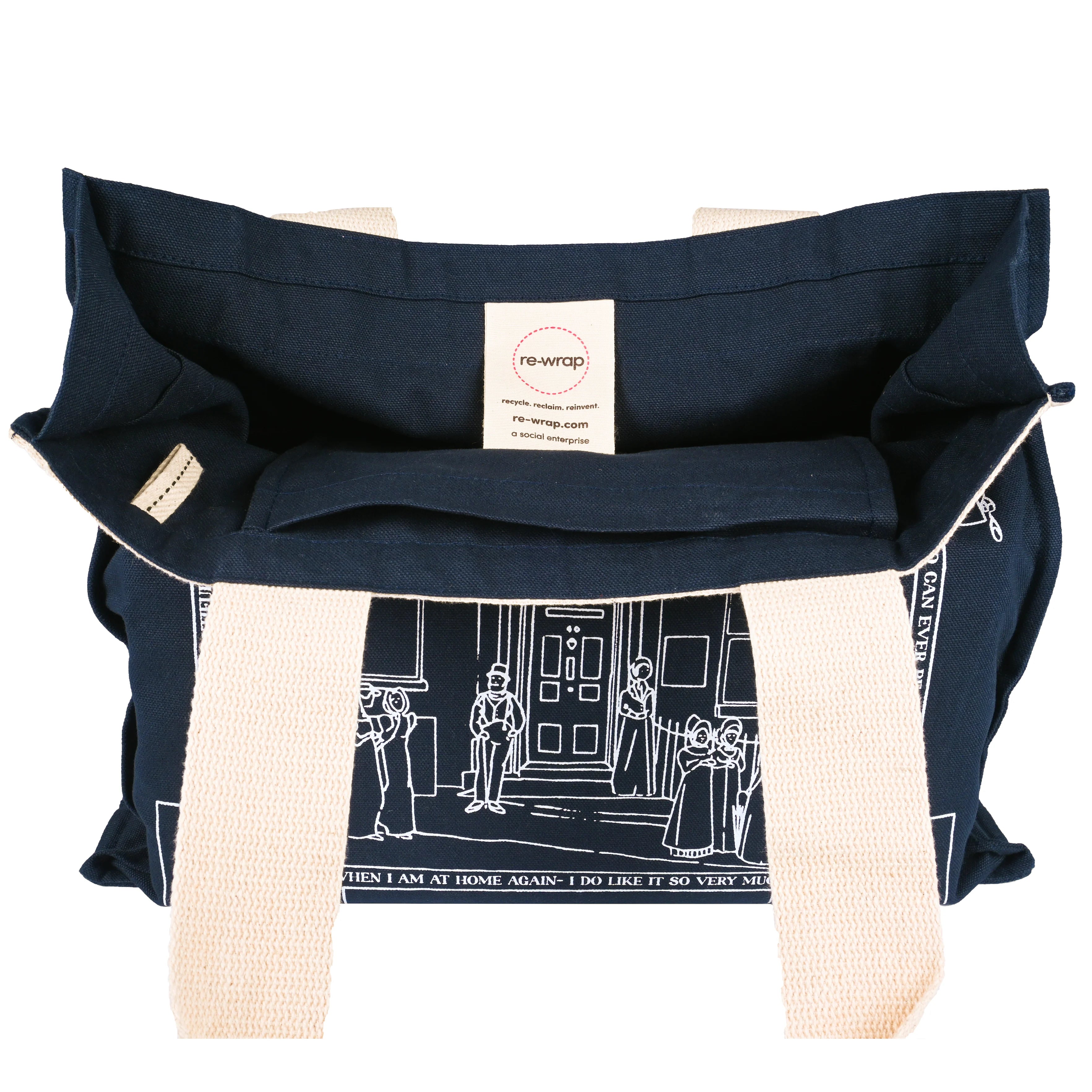 Jane Austen Tote Bag in Blue showing internal pockets