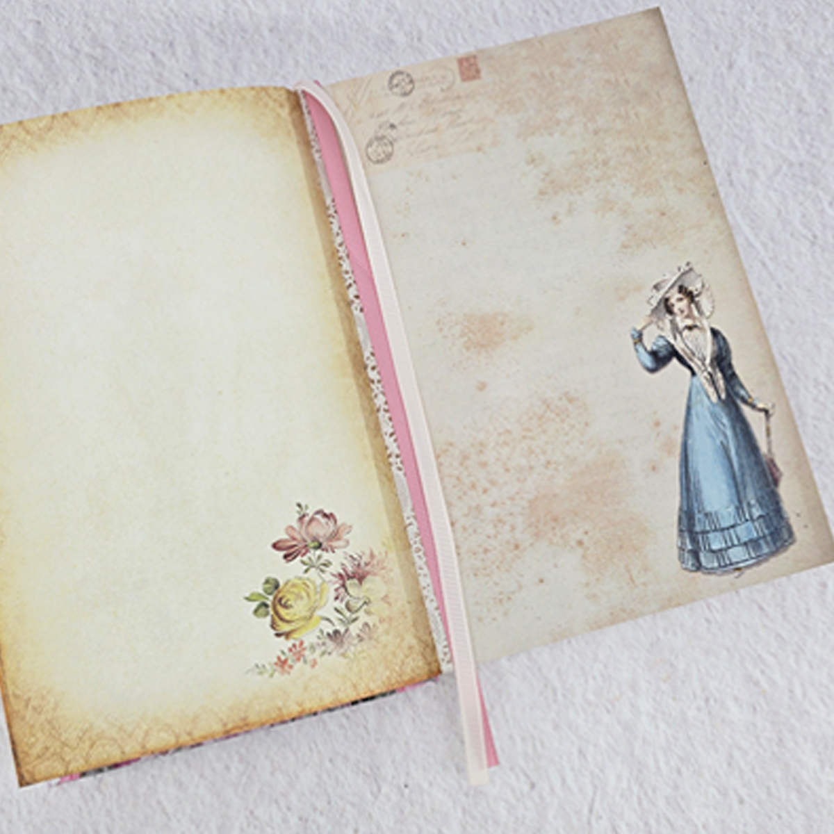 Two regency illustrations on an open journal page