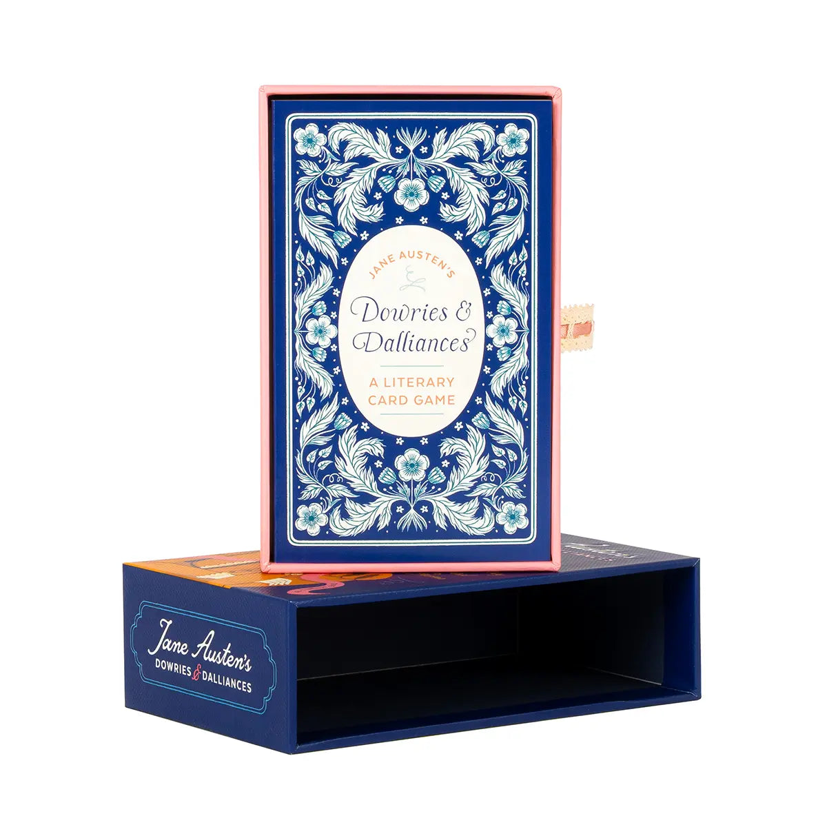 The Jane Austen's Dowries and Dalliances game box opened, with the interior box stacked on the exterior case
