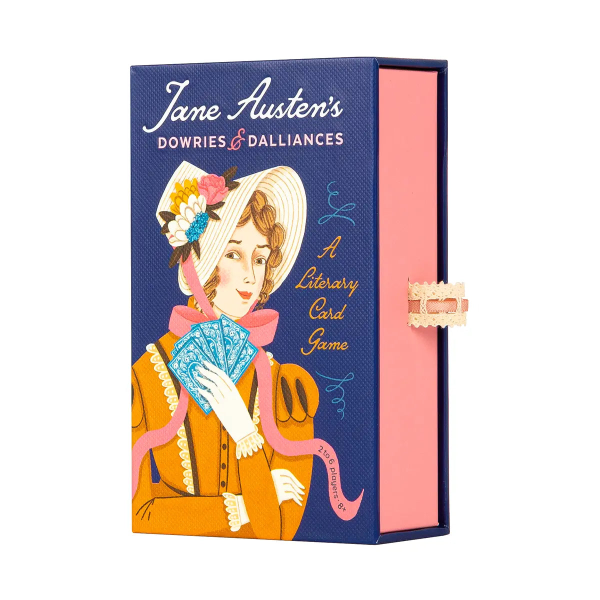 An edge view of the Dowries and Dalliances game box showing off the ribbon pull used to open the box