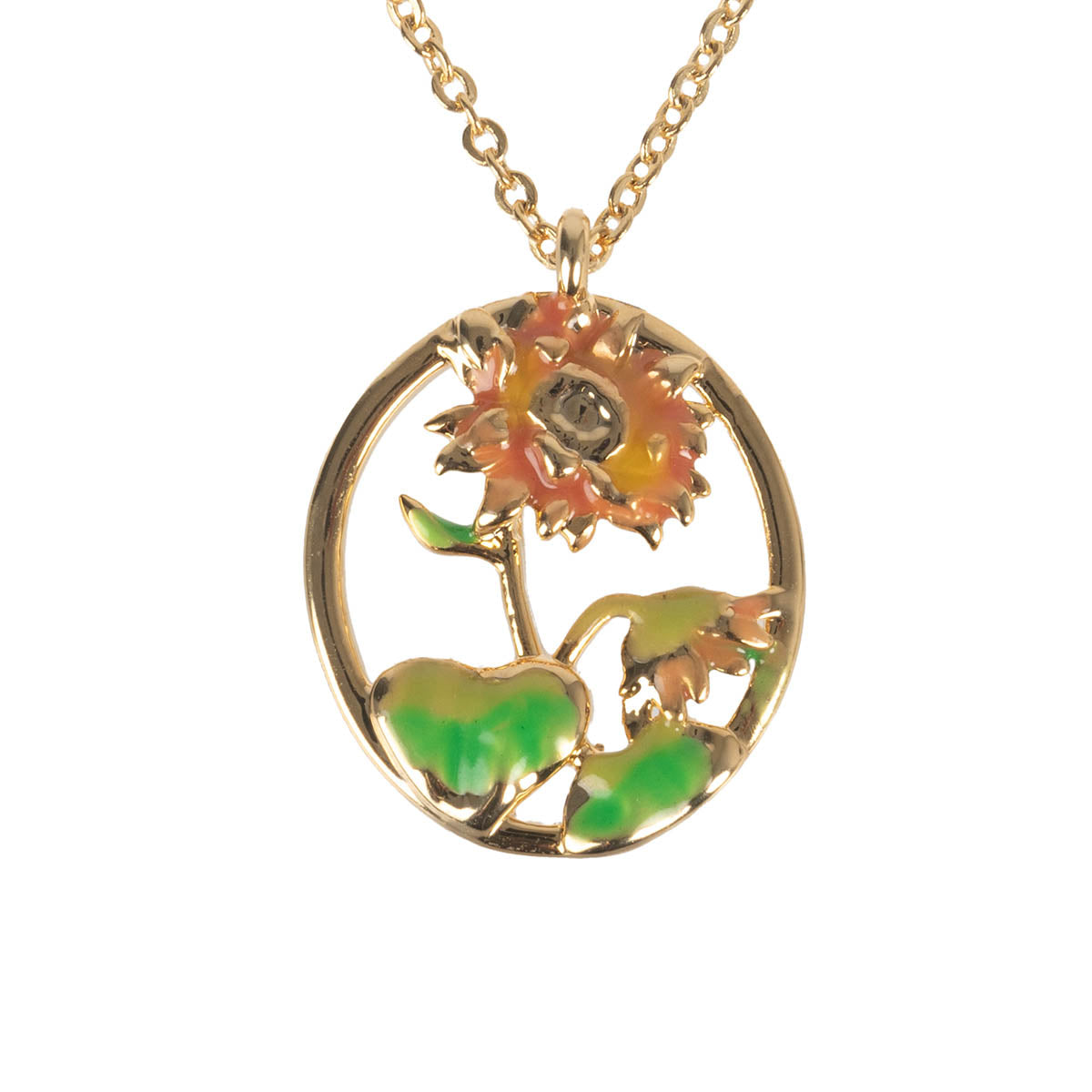 July Birth Flower Necklace has a gold chain and gold circle surrounding the dark orange flowers in the centre, similar to sunflowers. There are accenting green leaves to accompany this.