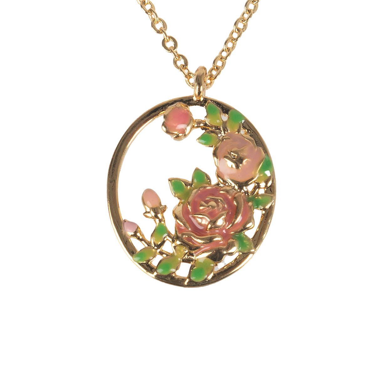 June Birth Flower Necklace has a gold chain and gold circle surrounding the red and pink in the centre, representing roses. There are accenting green leaves to accompany this.
