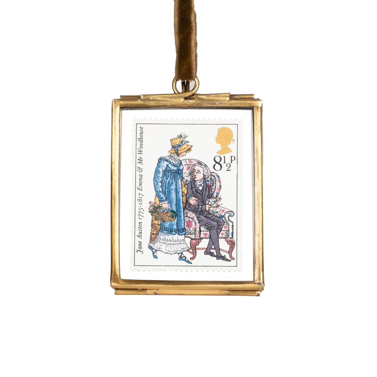 A limited edition commemorative stamp featuring an illustration of Emma and Mr Woodhouse in a brass hanging frame.