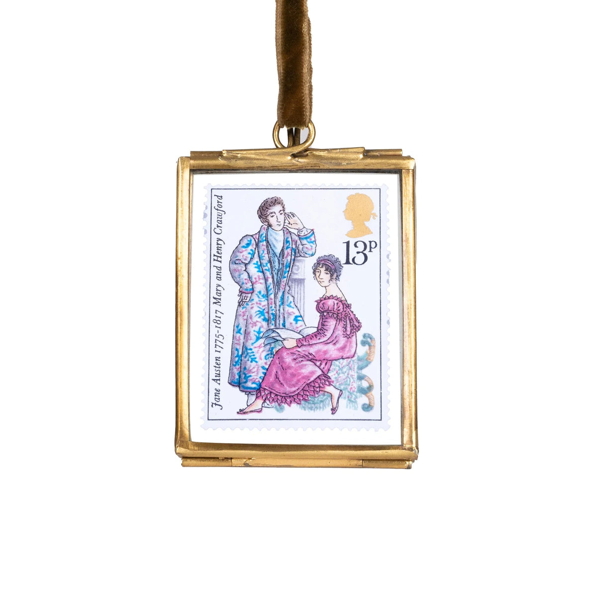 A limited edition commemorative stamp featuring an etching of Mary and Henry Crawford in a brass hanging frame, celebrating Jane Austen and the bicentenary of her birth.