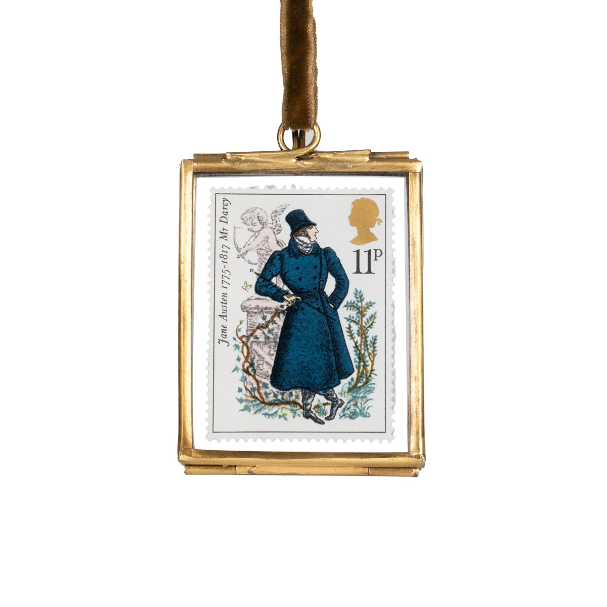 A limited edition commemorative stamp featuring an etching of Mr. Darcy, mounted in a brass hanging frame with a velvet ribbon.