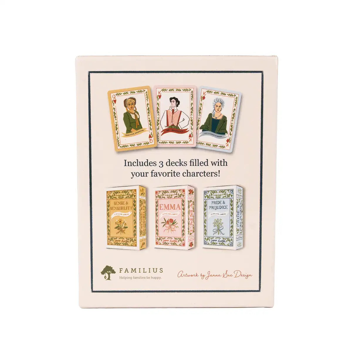 Card game packaging with illustrations of characters and Familius branding.