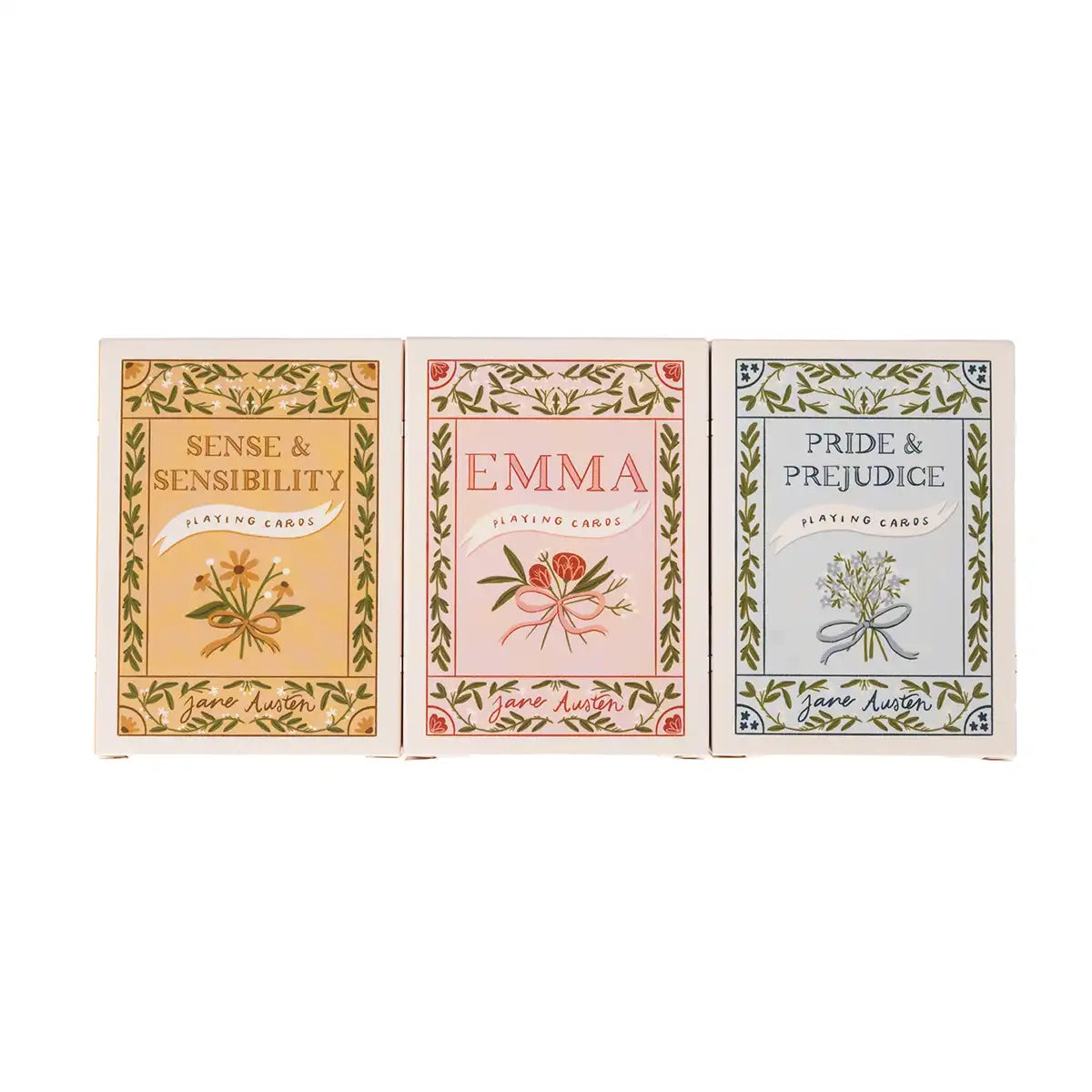Three Jane Austen-themed playing card sets on a white background