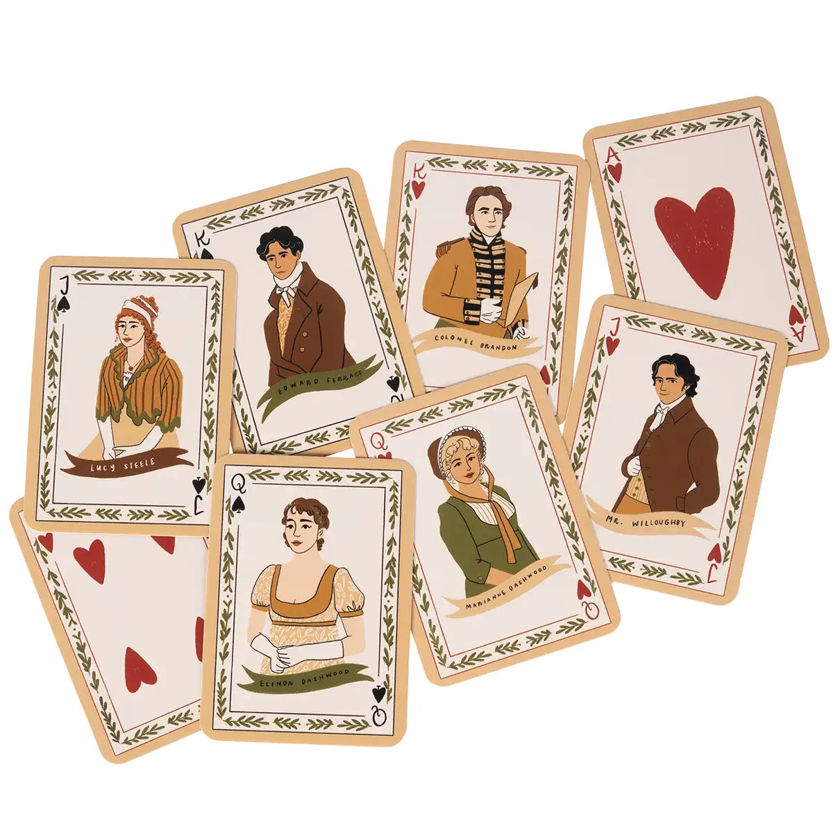 Set of playing cards with Sense and Sensibility character illustrations on a white background