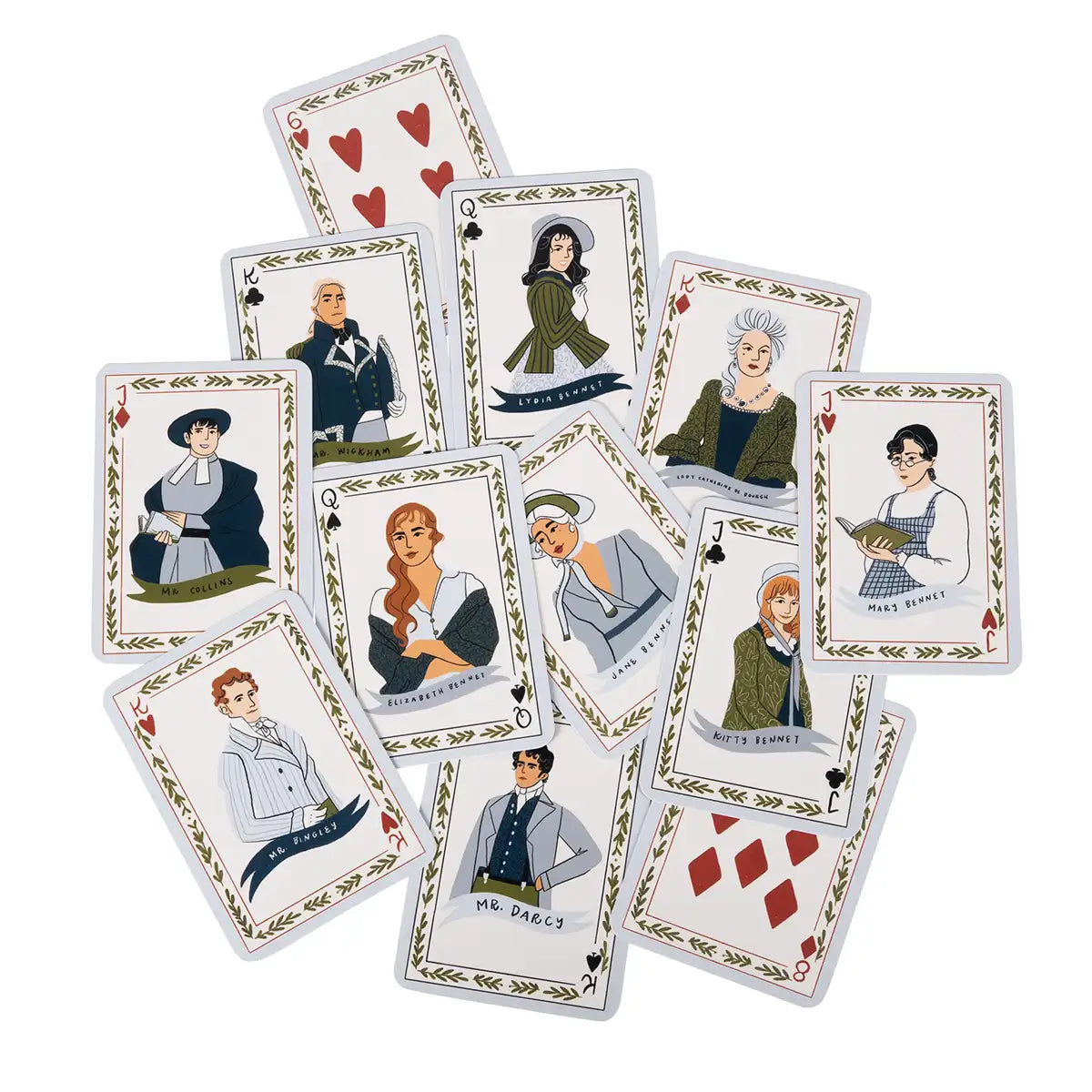 Set of playing cards with illustrated Pride and Prejudice characters on a white background