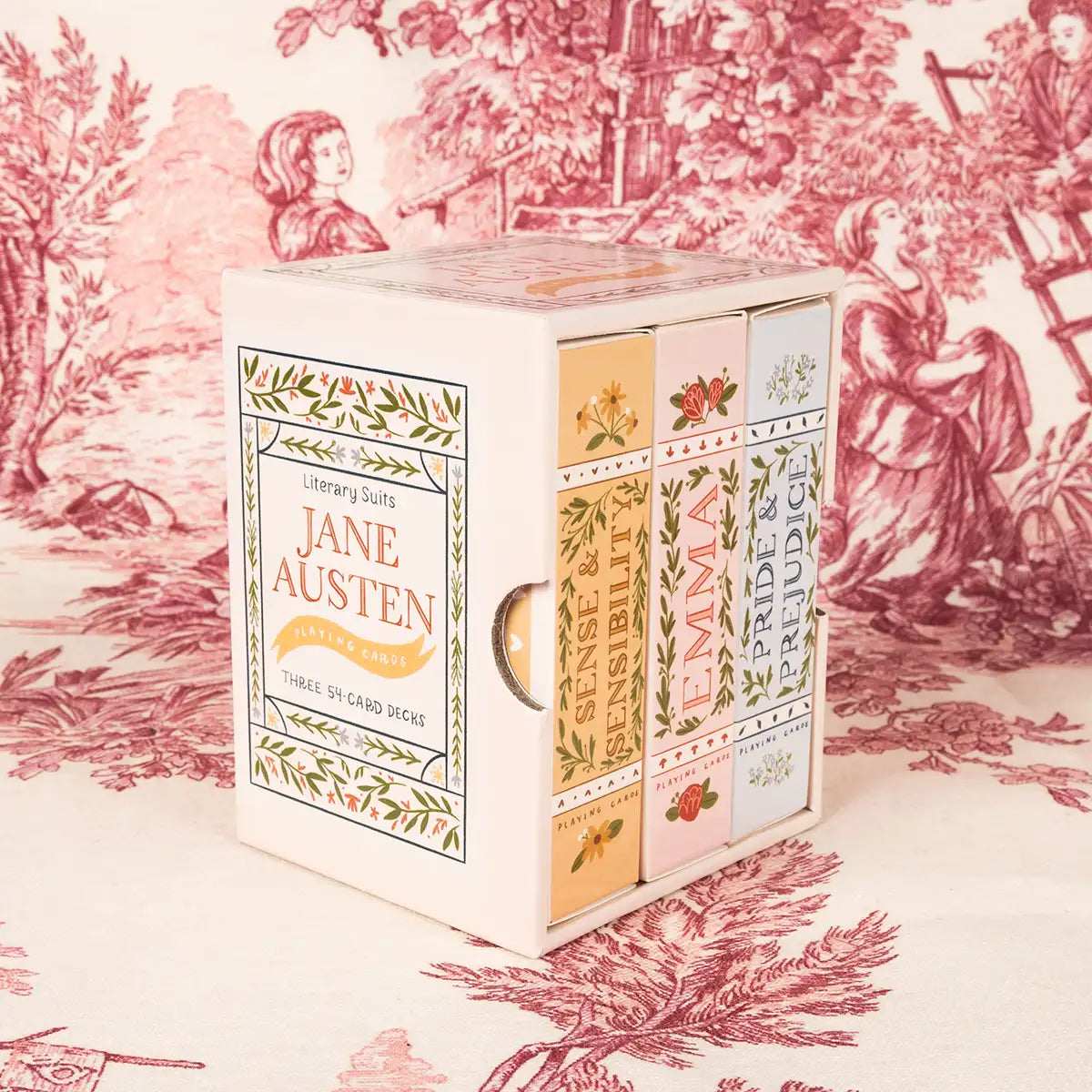 Card deck box with Jane Austen book covers on a decorative background
