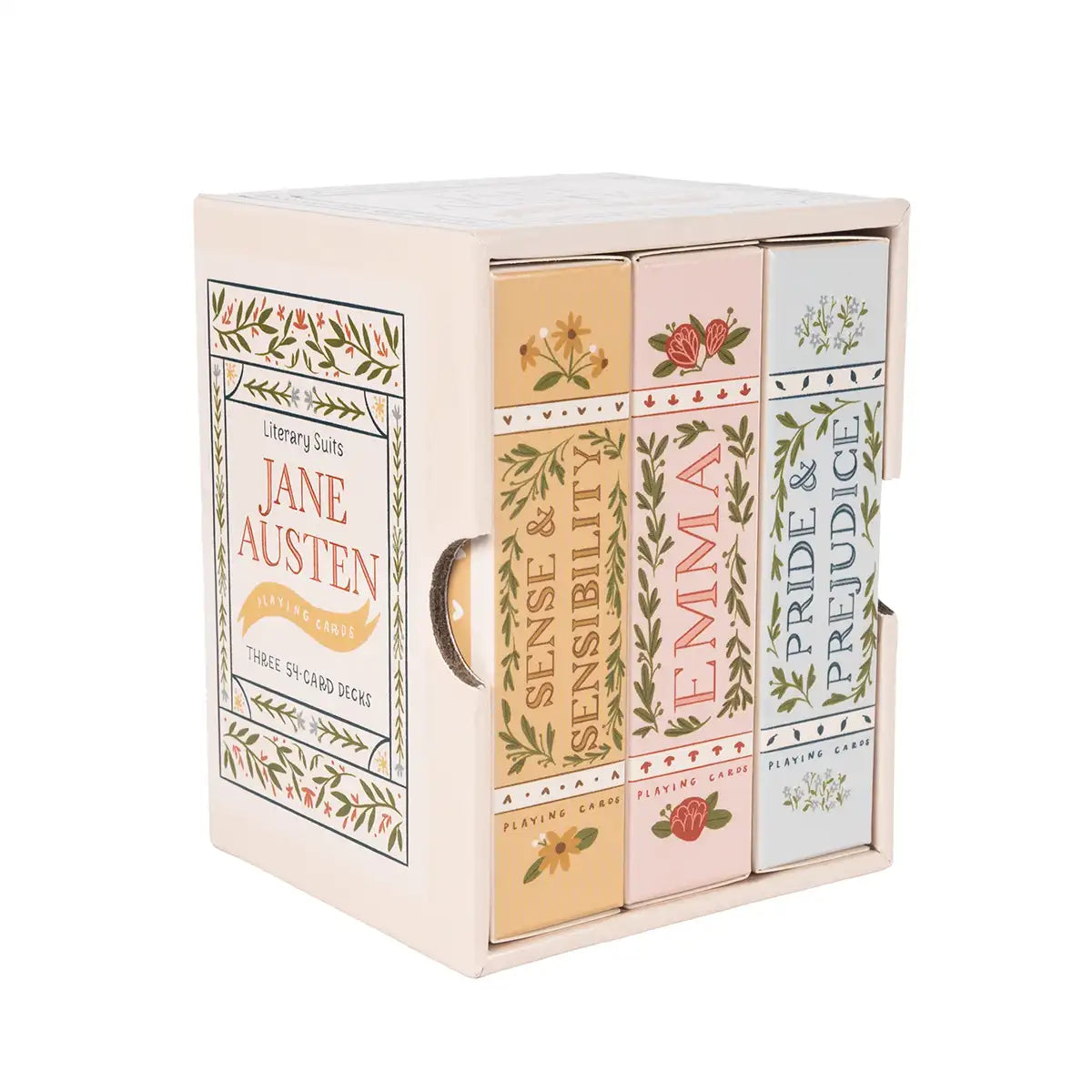 Box of Jane Austen-themed playing cards with decorative designs on a white background