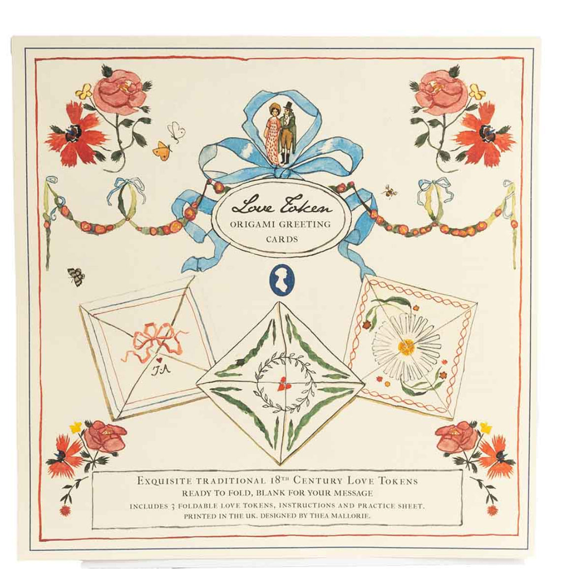 Packaging of Love Tokens letter writing set with illustrations of Regency scenes, flowers, and birds.