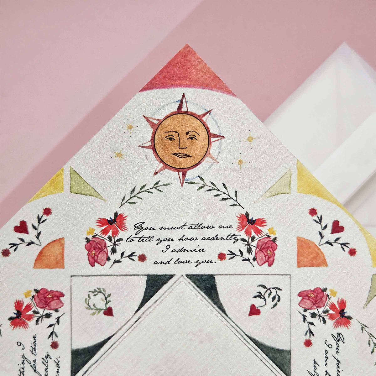 Decorative paper with sun illustration and floral design on a pink background