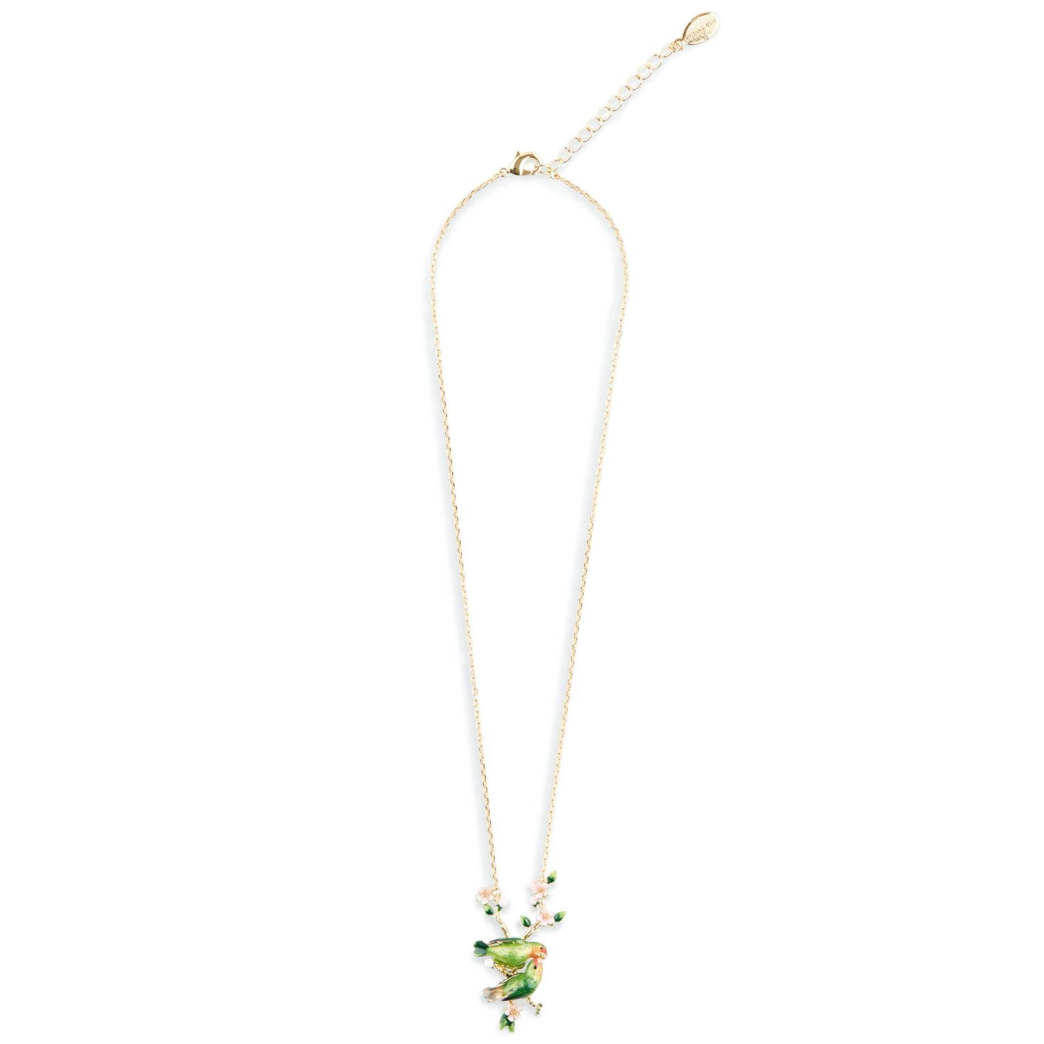 Gold and Green Pendant Necklace featuring 2 Lovebirds in enamel