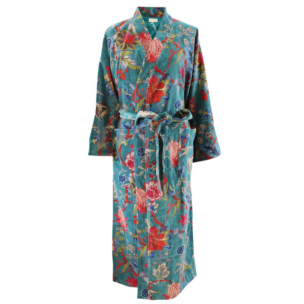 Luxurious Regency Robe with Exotic Flowers in Teal