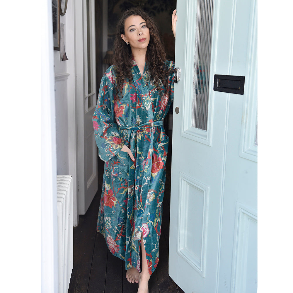 Luxurious Regency Robe with Exotic Flowers in Teal