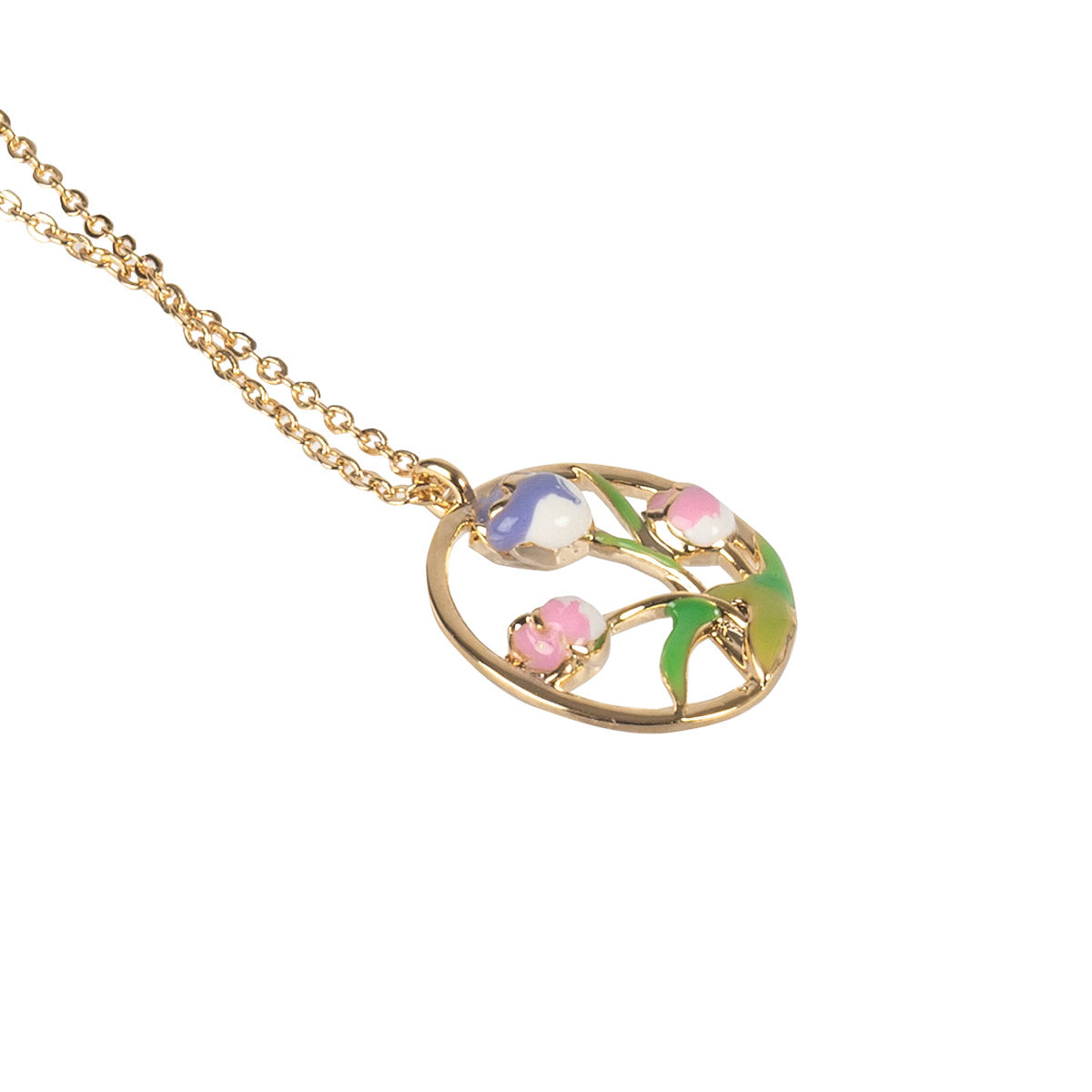 May Birth Flower necklace draped on an angle.
