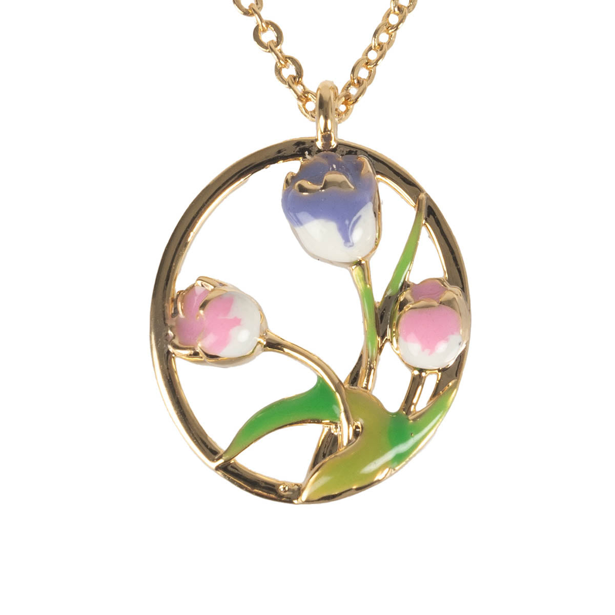 May Birth Flower Necklace has a gold chain and gold circle surrounding the purple and pink flowers in the centre, representing tulips. There are accenting green leaves to accompany this.