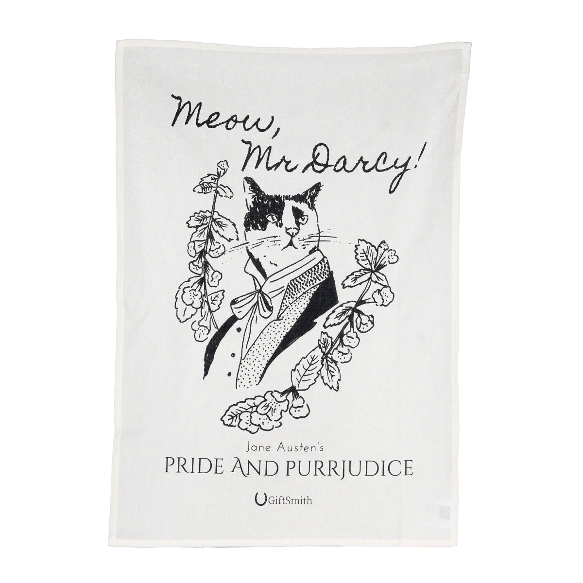 A white cotton tea towel with a black and white illustration of a cat dressed in a Mr. Darcy costume, surrounded by bookish elements, and the text 'Meow, Mr.
