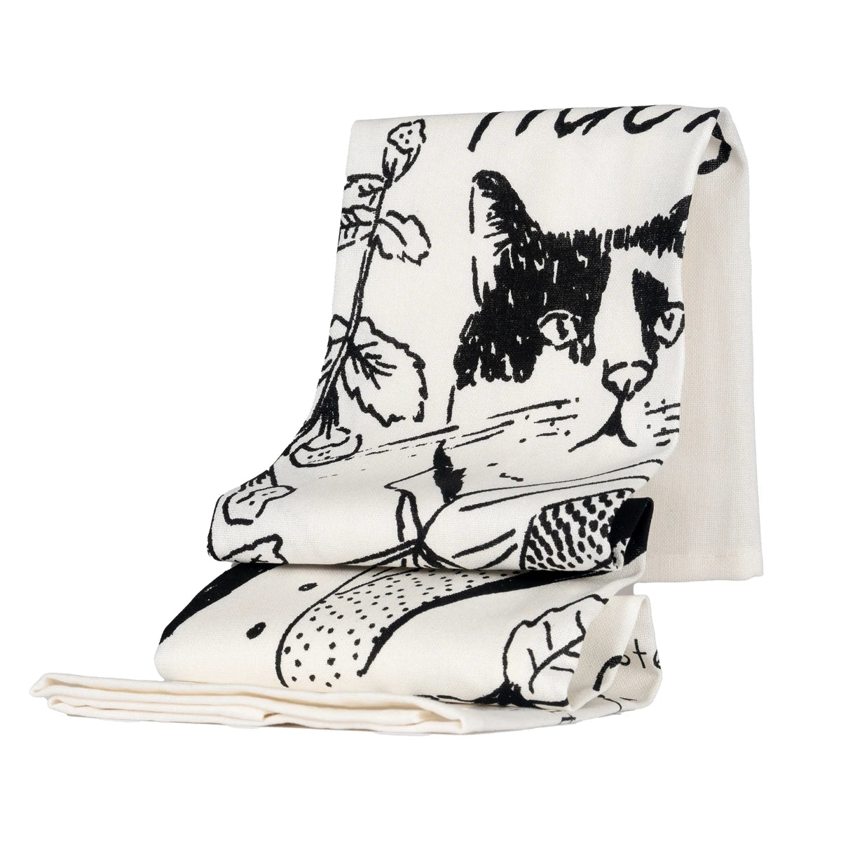 Folded tea towel showing the line drawing face of a cat dressed as Mr Darcy.