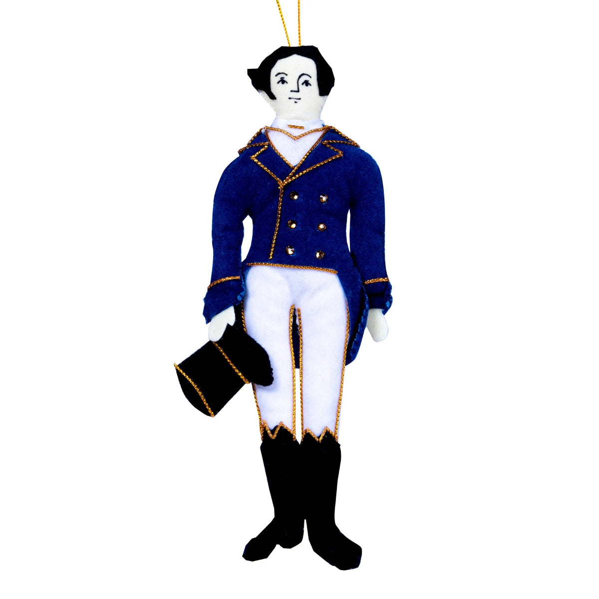 A decoration doll representing Mr. Darcy from Jane Austen's Pride and Prejudice, dressed in a blue military coat and white breeches, holding a black hat, with a loop hanger for display.