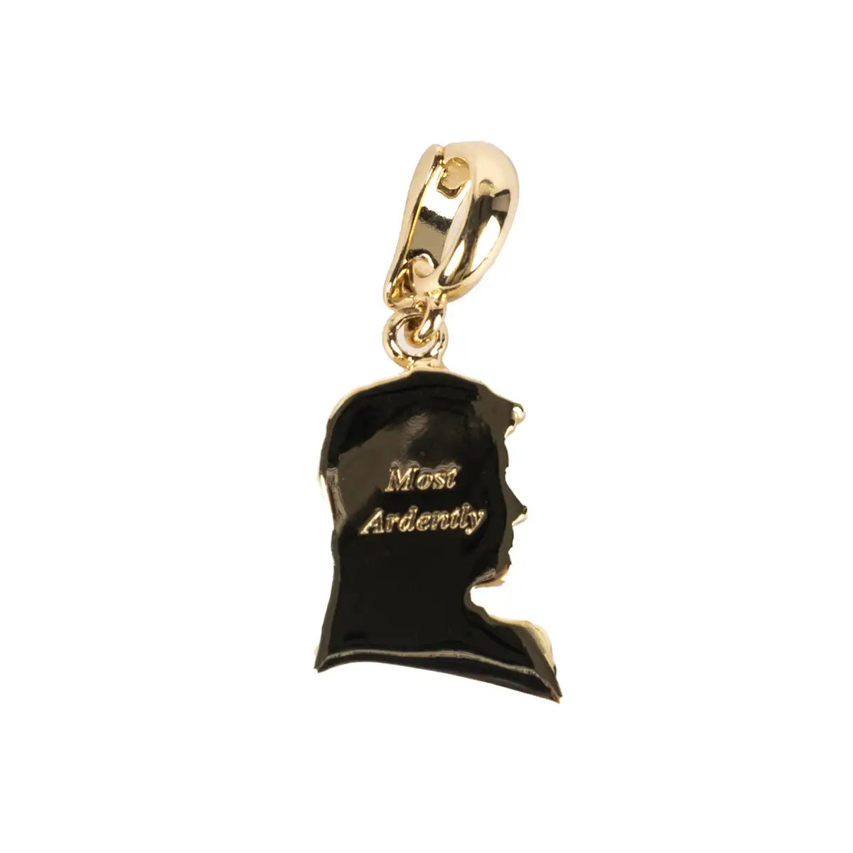 Gold silhouette pendant with 'Most Ardently' text. Photo on a white background
