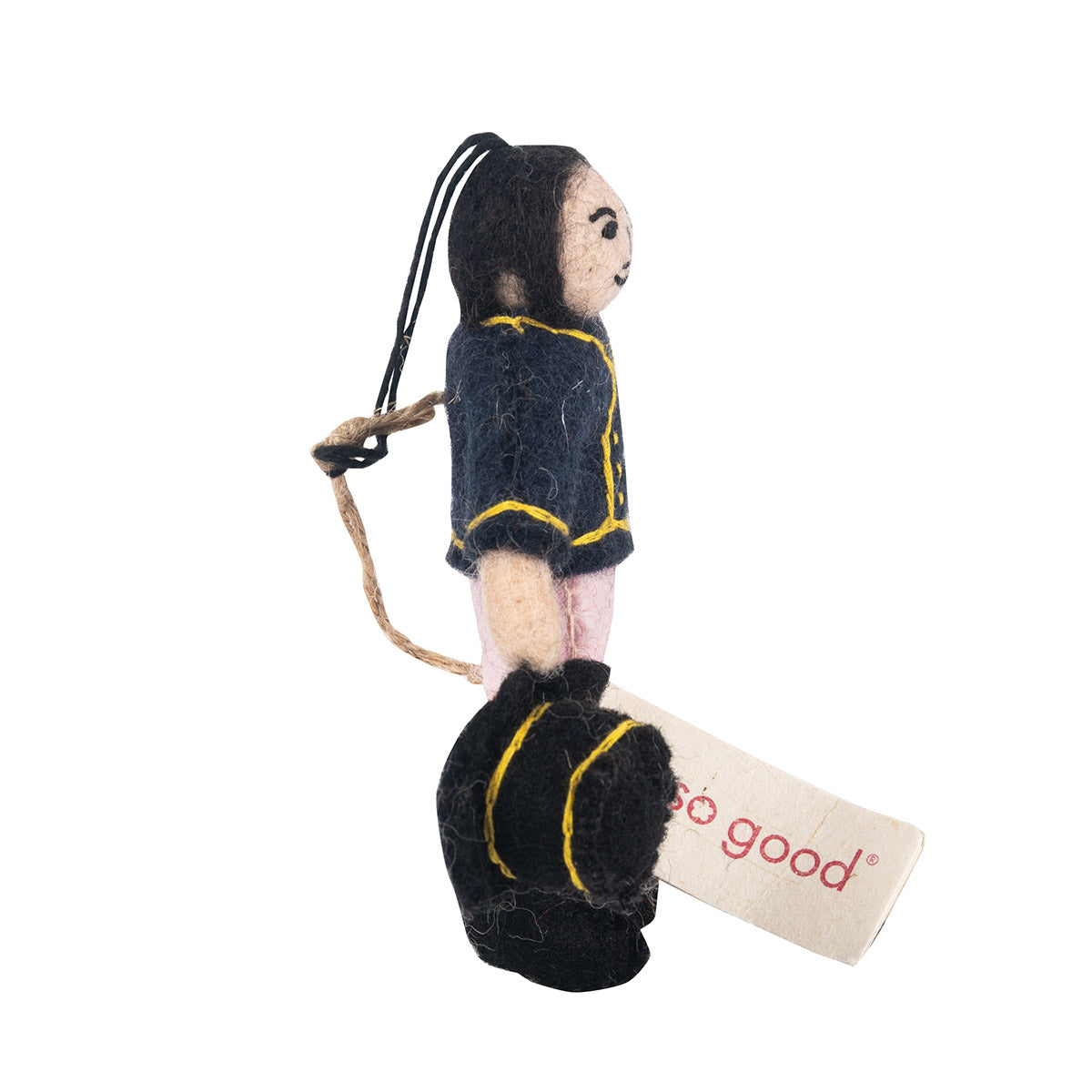 Side view. Mr Darcy Stress Doll made of felt with a label 'Felt so good' hanging from the string attached to the doll.