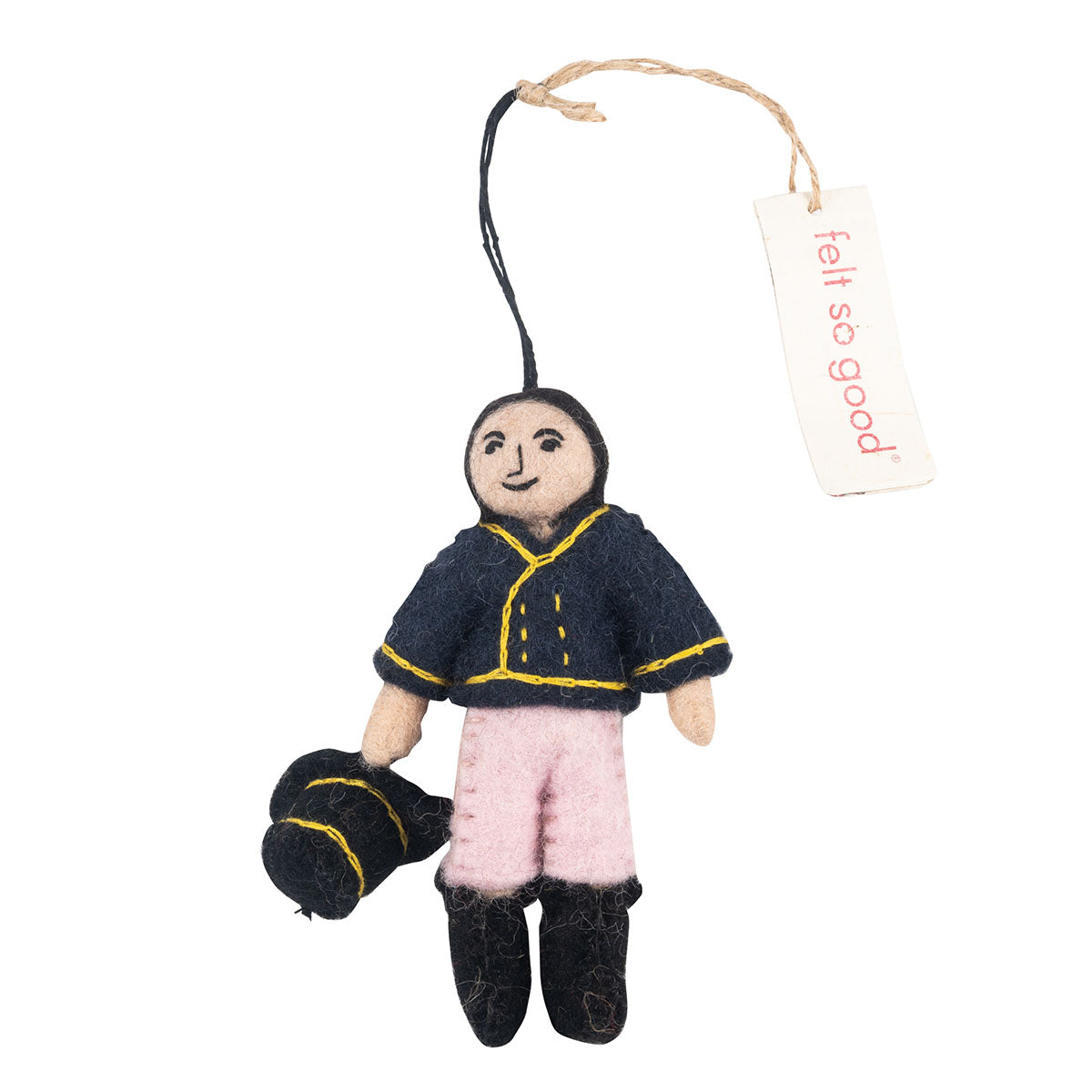 Mr Darcy Stress Doll made of felt with a label 'Felt so good' hanging from the string attached to the doll.