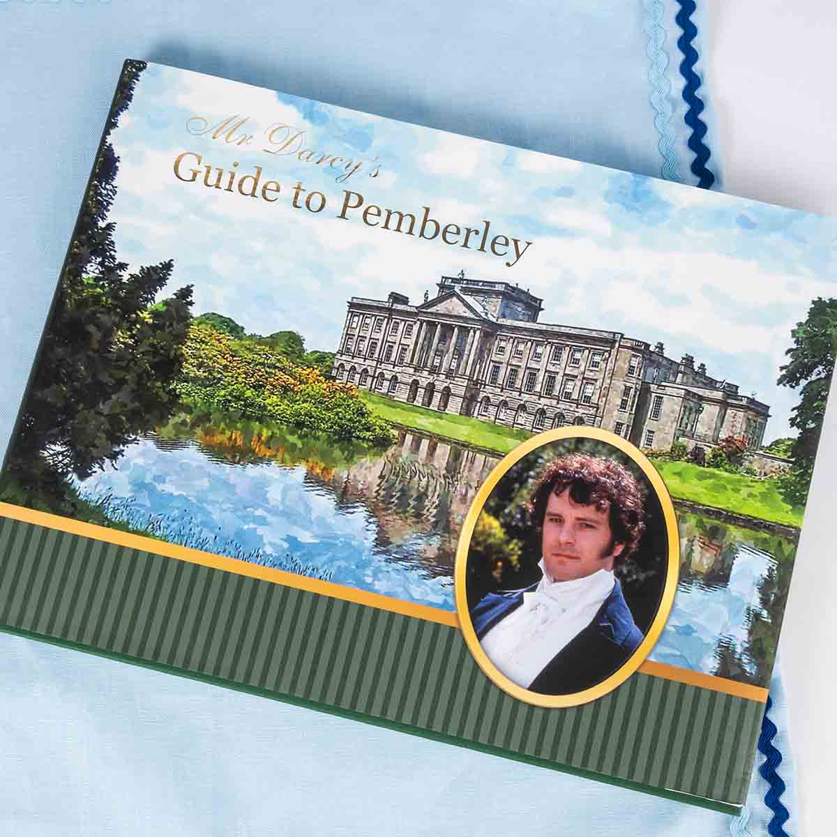 Guide to Pemberley with blue fabric background