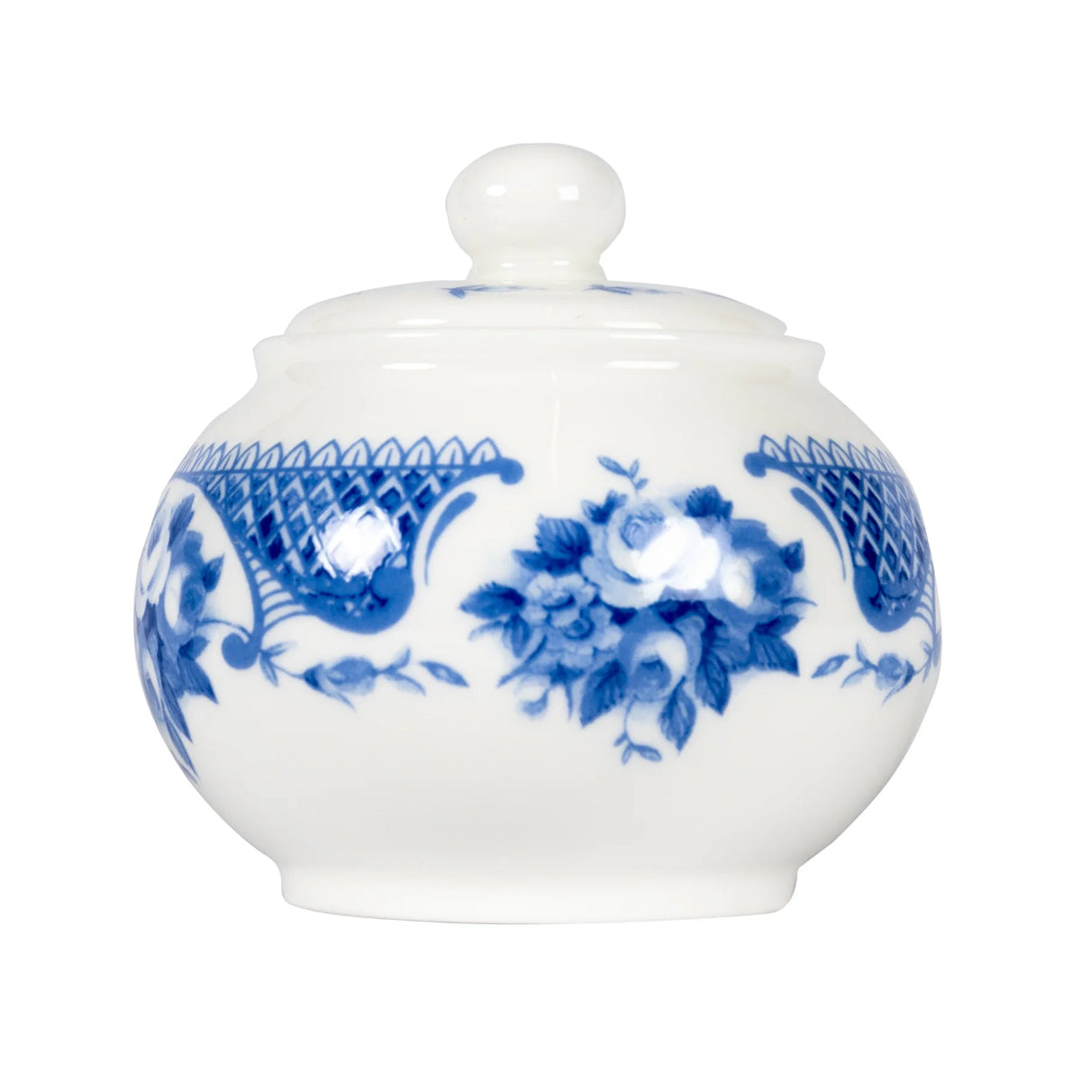 White, bone china sugar bowl with blue, floral patterns.