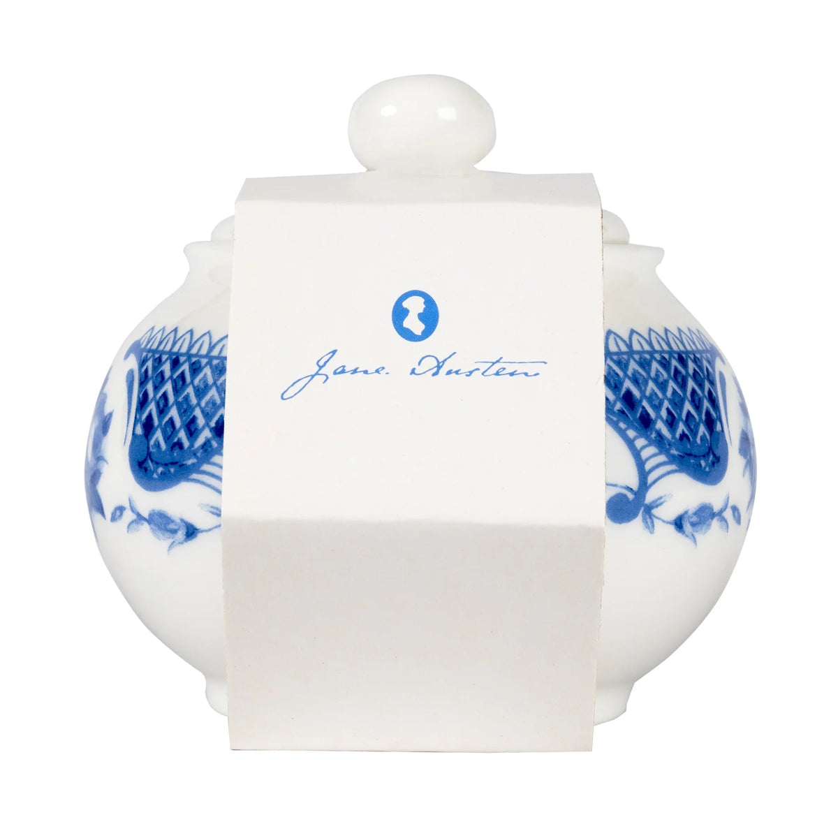 White, bone china sugar bowl with blue, floral patterns.