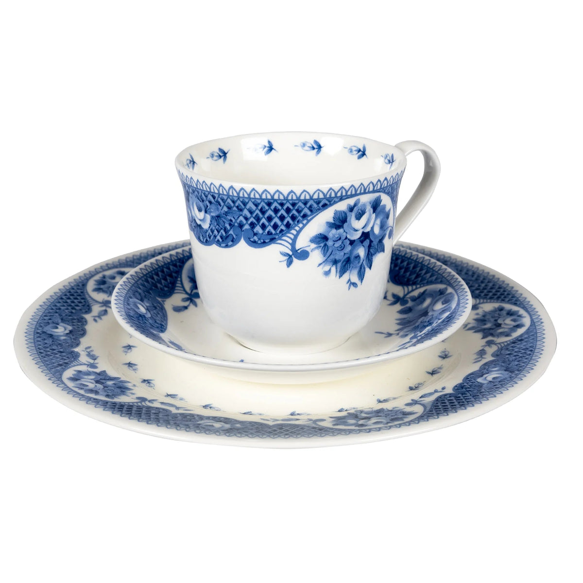 A bone china teacup, saucer, and plate set with a blue rose design on a white background.