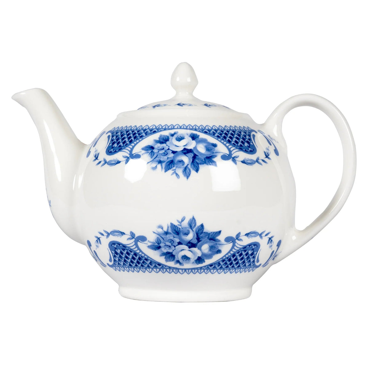 A fine bone china teapot with a blue rose design and a white handle.