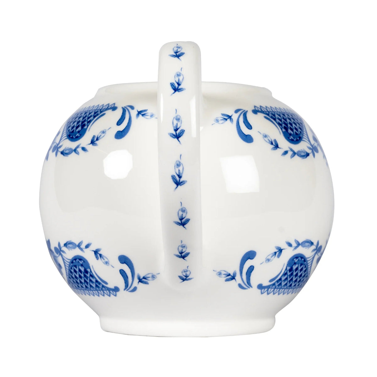 A fine bone china teapot with a blue rose design and a white handle.