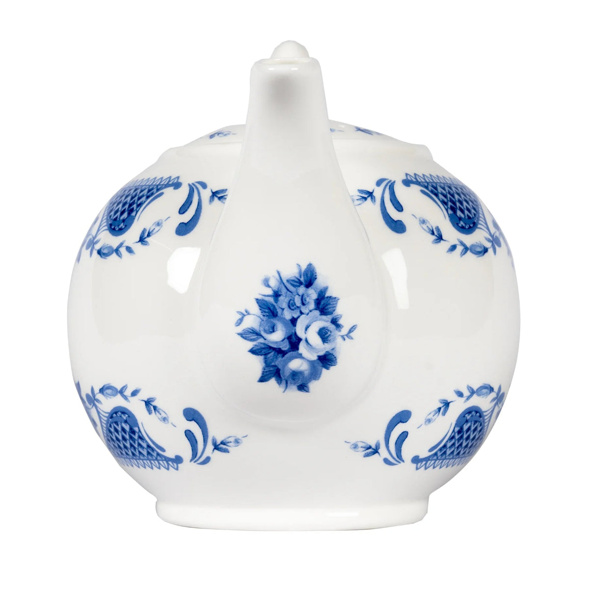 A fine bone china teapot with a blue rose design and a white handle.