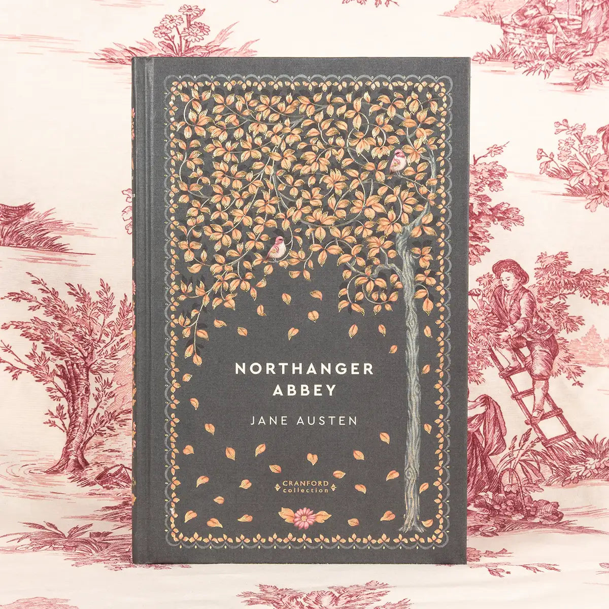 Book titled 'Northanger Abbey' by Jane Austen on a decorative background with floral patterns.