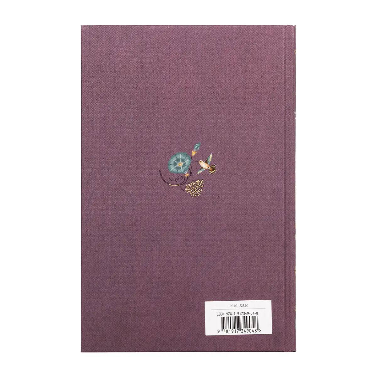 The back cover of a hardback copy of Northanger Abbey by Jane Austen against a white background. On the back cover is a small bird drinking nectar from blue flowers with gilt leaves