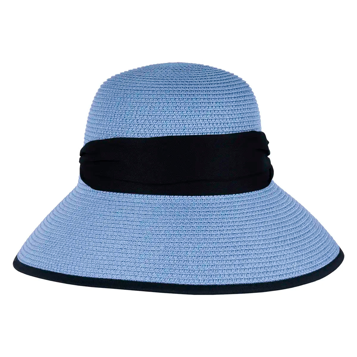Front view of a light blue open-back regency bonnet with black trim and a black ribbon
