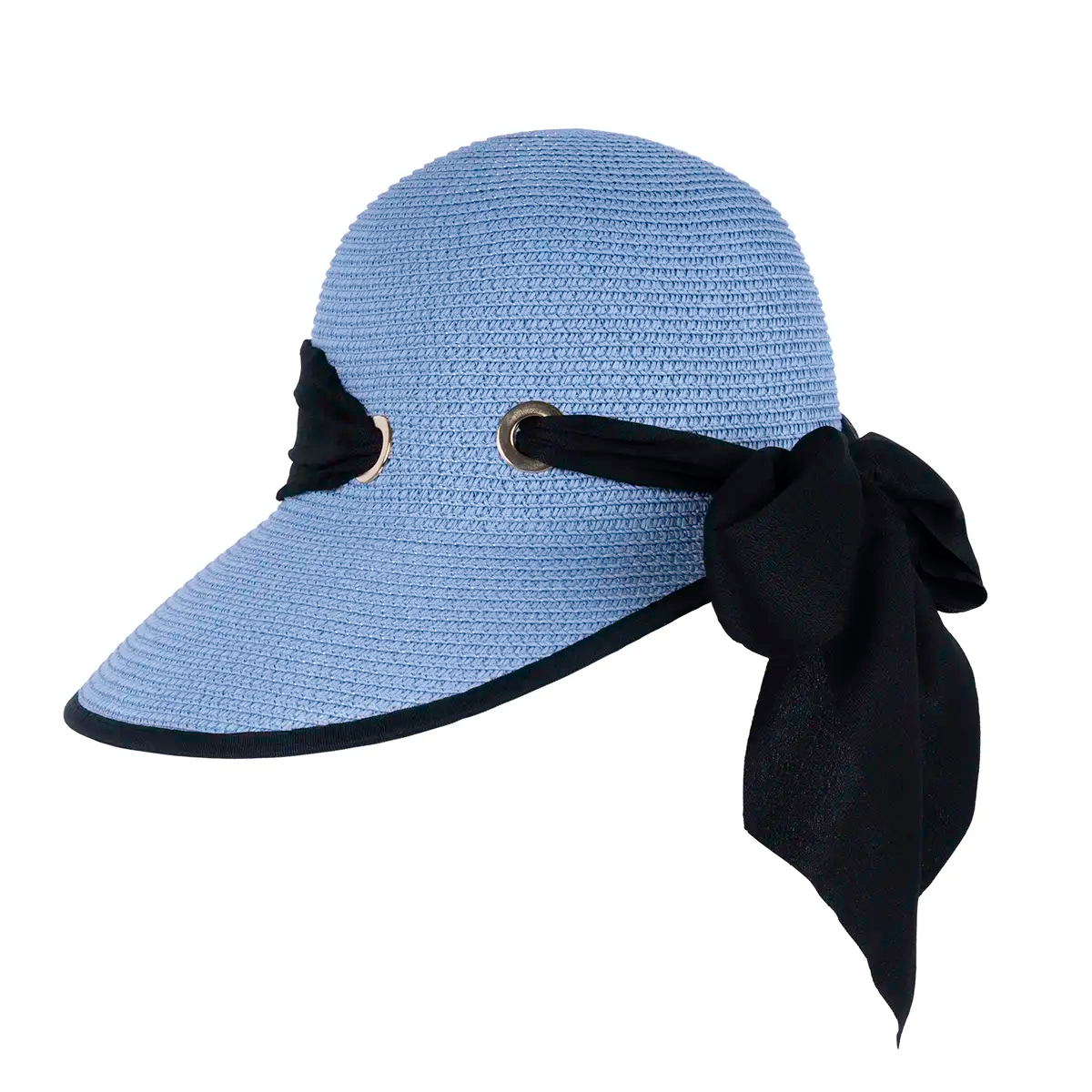 Side view of a light Blue open-back regency bonnet with black trim, metal eyelets, and a black ribbon