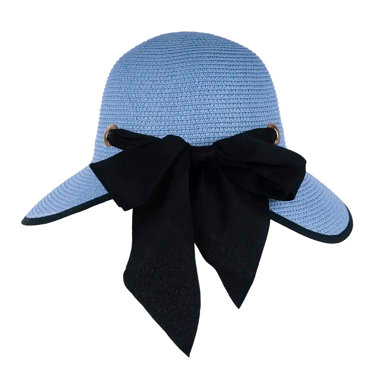 Back view of a light blue open-back regency bonnet with black trim, black ribbon, and metal eyelets