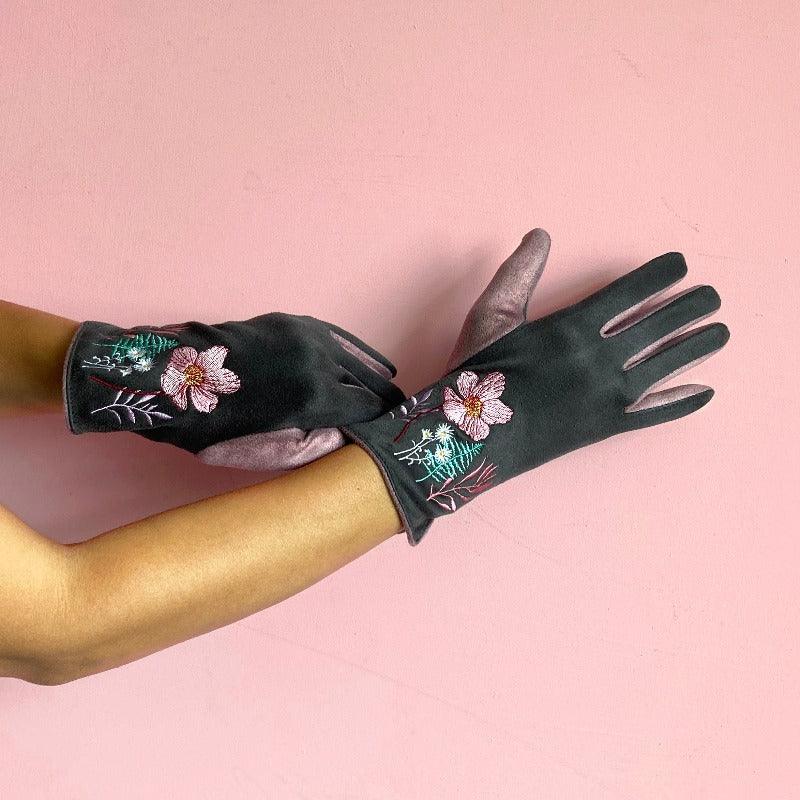 Charcoal-coloured gloves with an embroidered posy and foliage details.
