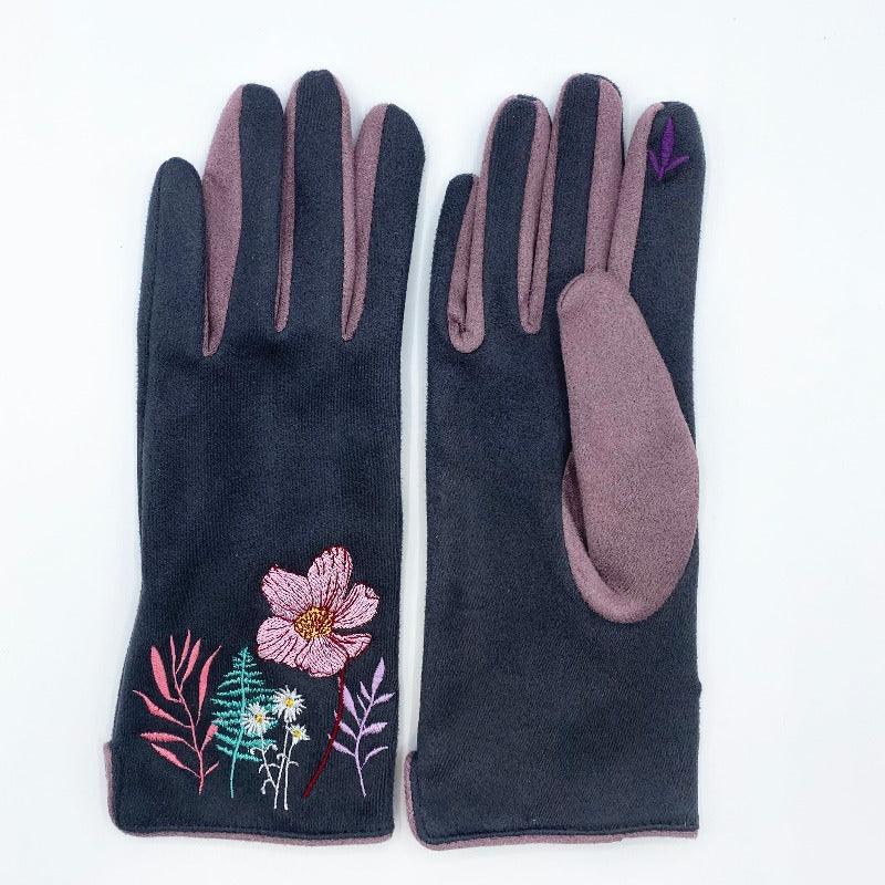 Charcoal-coloured gloves with an embroidered posy and foliage details.