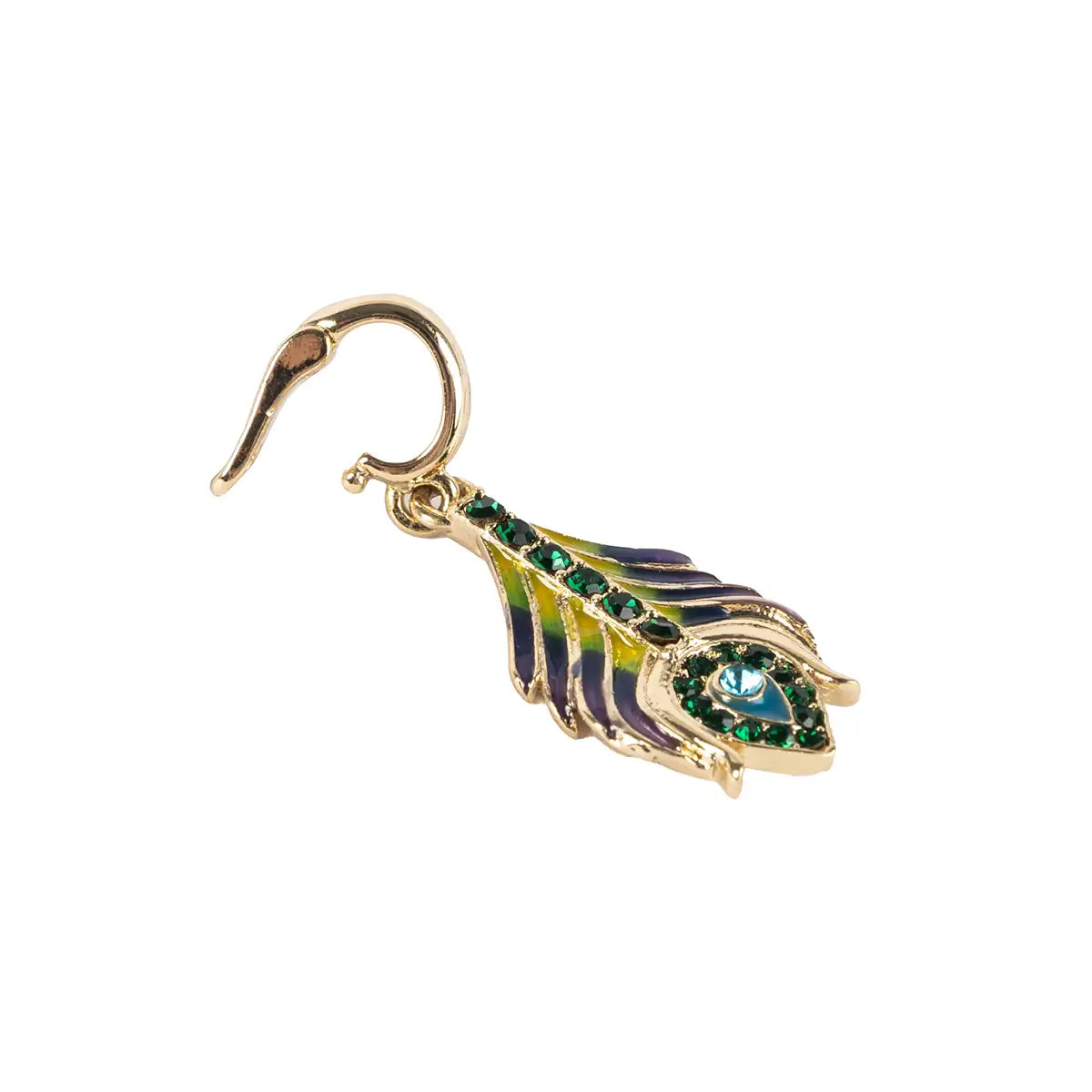 Gold peacock feather charm with green and blue gemstones on a white background. Open clasp.
