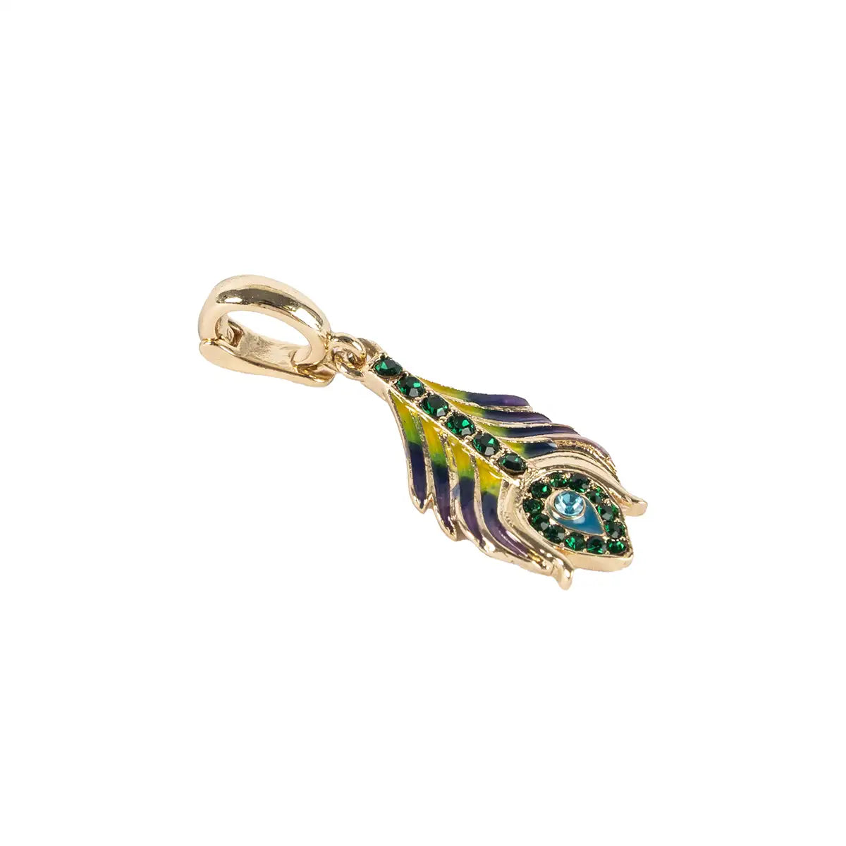 Gold peacock feather charm with green and blue gemstones on a white background. Closed clasp.